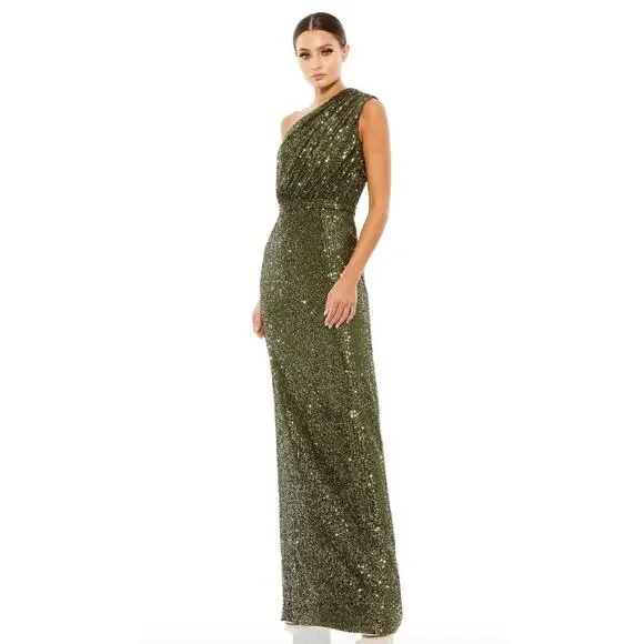 Mac Duggal || Sequined Ruched One Shoulder Gown Maxi Dress - Picture 1 of 9